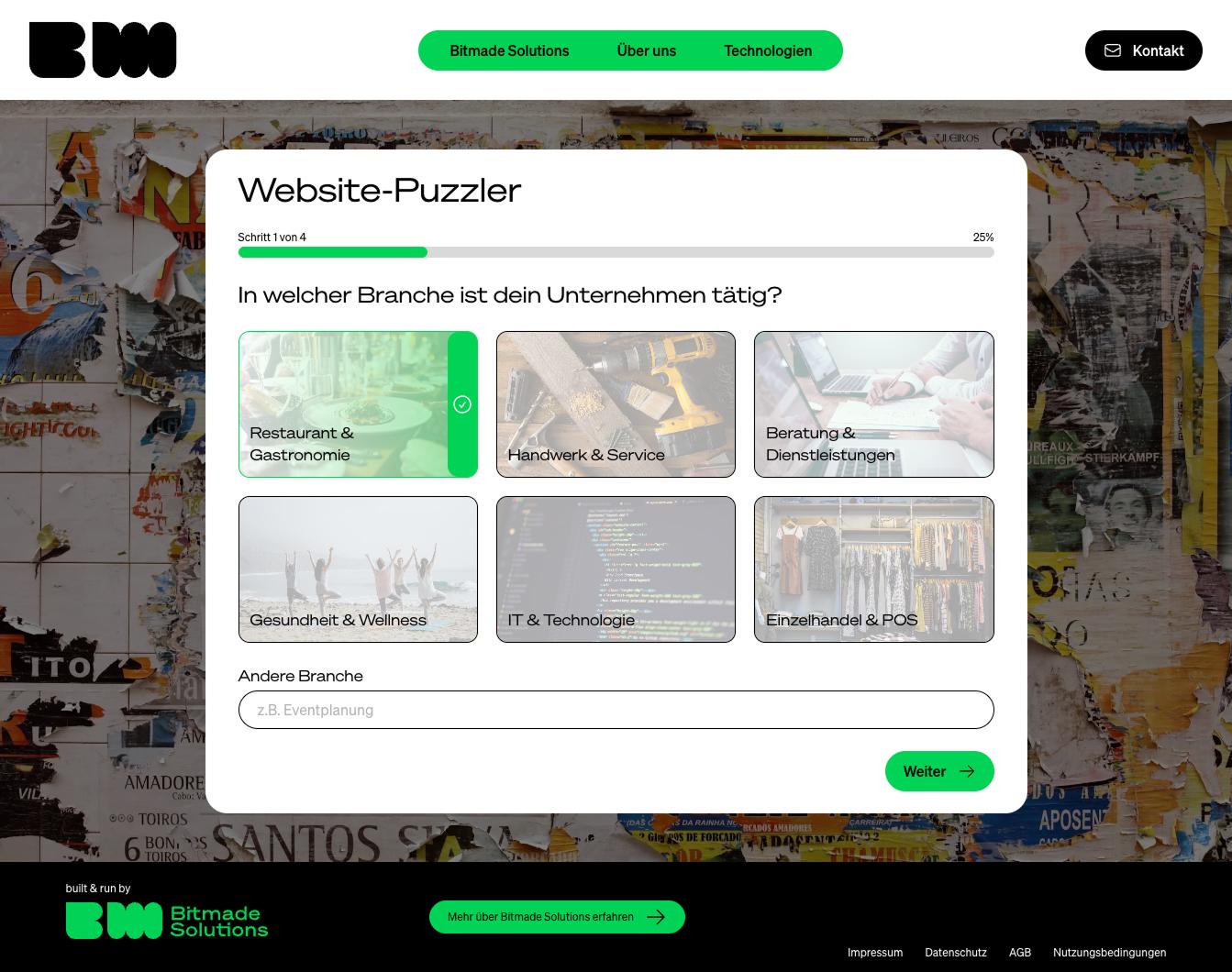 Screenshot: Branchenwahl im Website Puzzler